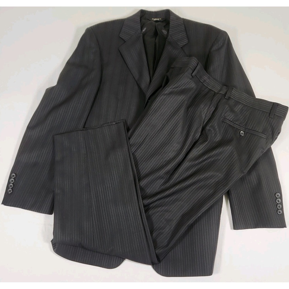 Alfred Sung Mens Suit 38R Black Pinstripe 2 Piece‎ Wool 2 Button Flat Front